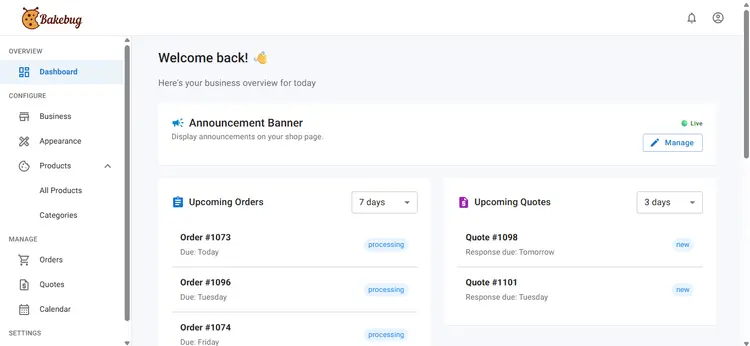 Bakebug dashboard with order management