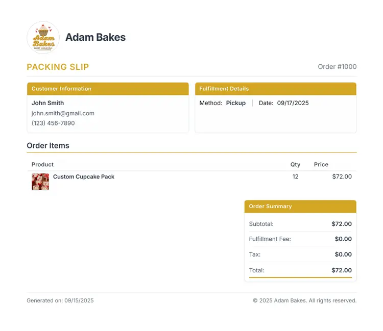 Professional packing slip for orders