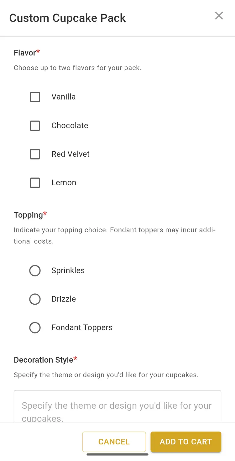 Product customization interface for cupcakes
